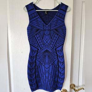 Blue and black body con v neck dress